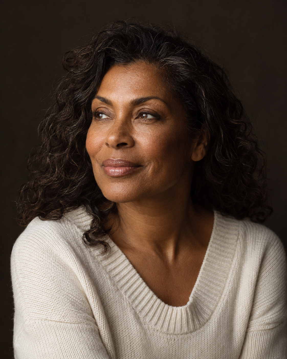 Editorial portrait of a woman with natural skin texture